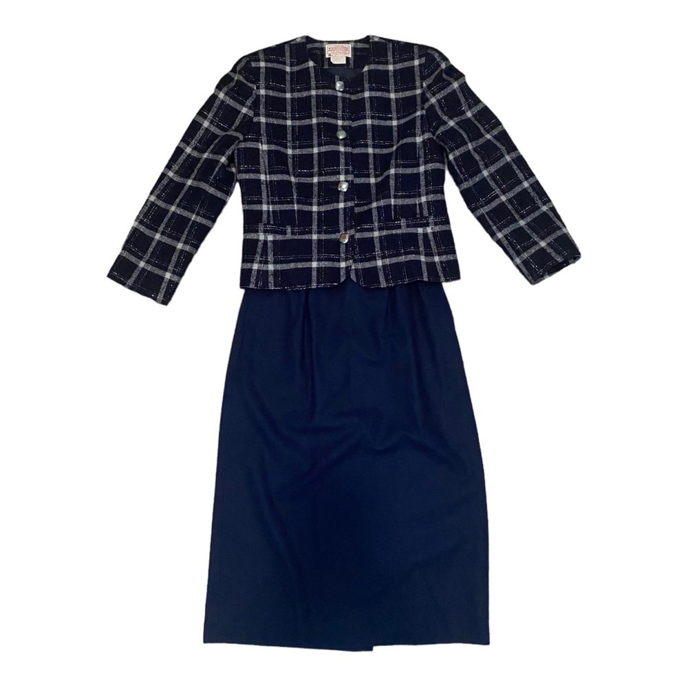 Pendleton 100% Virgin Wool Navy/Silver Blazer & Skirt, Size 6 Petite